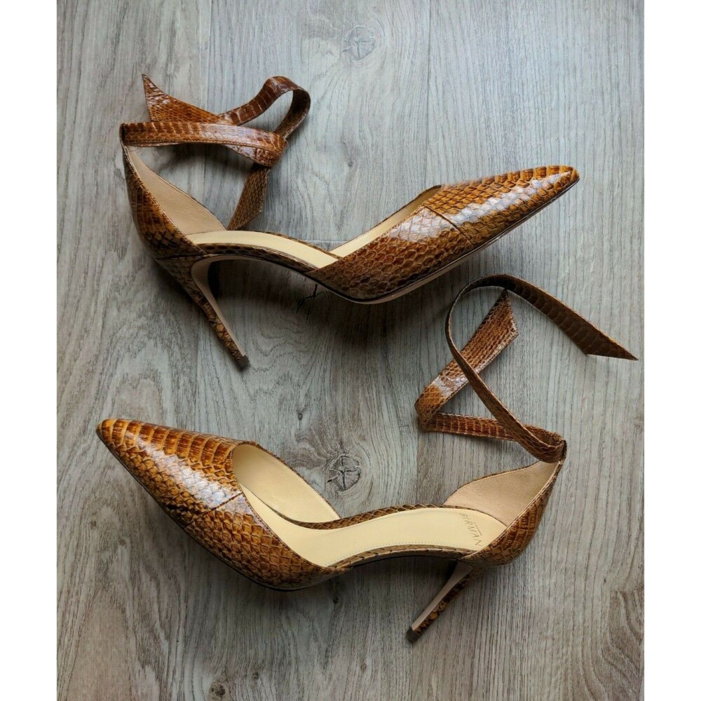 Alexandre Birman Clarita Cognac Snake Skin Pointed Toe Stiletto Pumps Heels